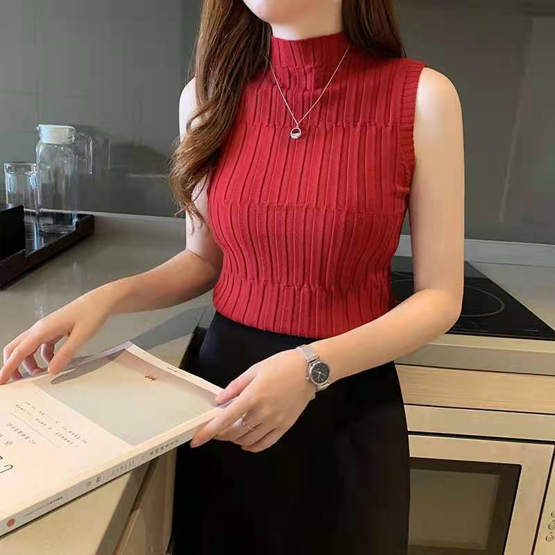 anna🍭 476 เสื้อท็อปแขนกุด ชนิดผ่าแขน ผ้าไหมพรม คอเต่า สีสวย ผ้าบาง ใส่สบาย ยืดตามตัว ผ้าไหมพรมแขนสั้น - รูปที่ 2