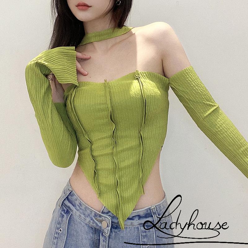 เสื้อครอปผู้หญิง เสื้อยืดสีพื้นแขนยาวเปิดไหล่เชือกแขวนคอสําหรับสุภาพสตรีวัยหนุ่มสาว