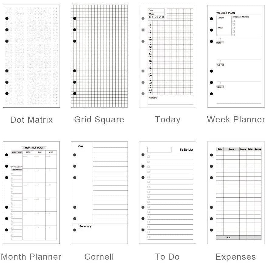 A5/A6/A6/A4/B5 รีฟิล Dot/Matrix/To Do/Grid/Month Planner Journal Paper Organizer Notebook, 45 แผ่น