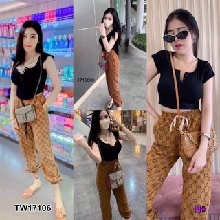 J17106 set 2 ชิ้น เสื้อครอป แขนสั้น + กางเกงลูกฟูกขายาว พิมพ์ลาย Short sleeve crop top + long corduroy pants with print