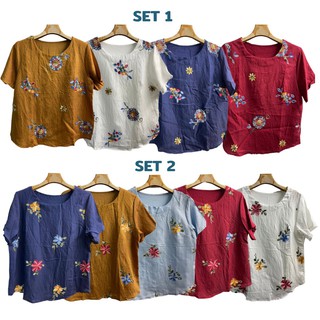 เสื้อคอกลมปักลายดอกไม้ ผ้าพริ้วเบาสบาย เสื้อผู้ใหญ่