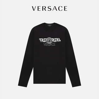 Versace La Greca เสื้อยืดคอกลม แขนยาว ผ้าฝ้าย แบบสวมหัว สําหรับผู้ชาย