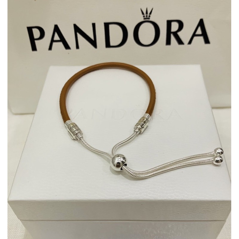 Pandora moments golden tan store leather slider bracelet