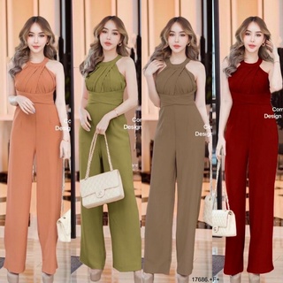 Jumpsuit จั๊มสูทขายาวแขนกุด อกจับจีบ ช่วงเอวแต่งผ้าไขว้ ทรงสวยเข้ารูป ทรงขายาว งานสุดหรู AP17686