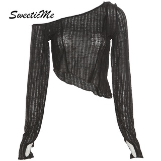 Sweeticme เสื้อครอปท็อป แขนยาว เปิดไหล่ ทรงไม่สมมาตร สีพื้น สําหรับผู้หญิง