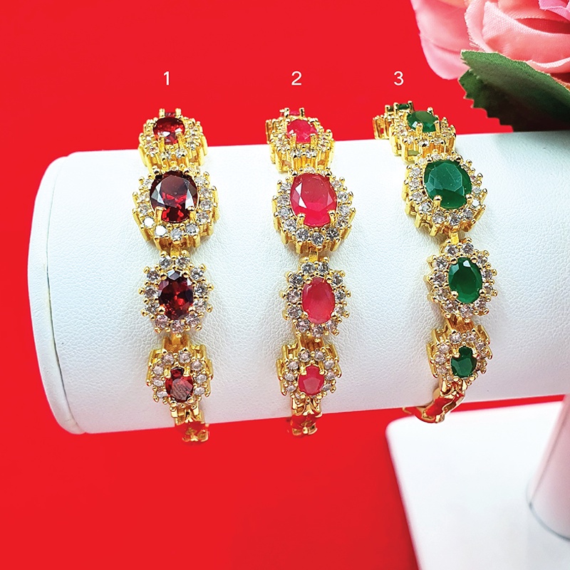 สร้อยข้อมือทองฝังเพชร พลอย โกเมน ทับทิม มรกต ความยาว 7 นิ้ว ข้อมือพลอย ตะขอคลิปล็อค เสริมบารมี ใส่ออกงานได้ ชุบทอง