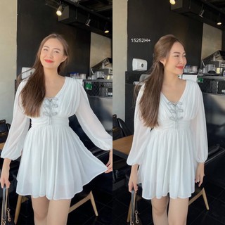 J15252 Dress เดรสชีฟองแขนยาวอกปักโบว์ Chiffon dress, long sleeves, embroidered bow