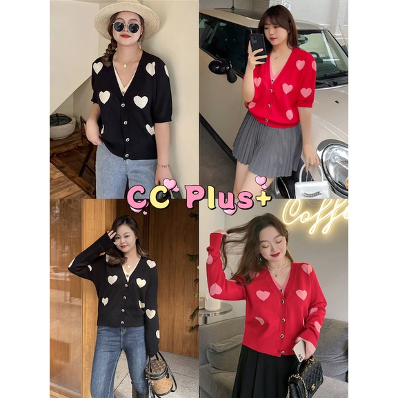 CiCi Plus+(2801-1/2801)เสื้อไหมพรมแขนยาว/แขนสั้น ทอลายหัวใจดีเทลตัดต่อสีทูโทนน่ารักเสื้อผ้าสาวอวบอ้วน พลัสไซส์ วาเลนไทน์