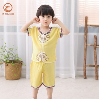 YA ZHOU LONG Hanfu เสื้อผ้าเด็ก ชุดจีน ชุดสูทแขนสั้นเด็กชาย 2 ชิ้น