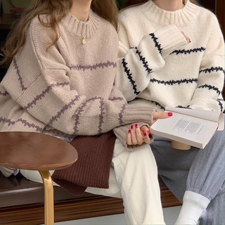 YURUMA Sweater pullover leher bulat wanita baru longgar garis Korea warna kontras sweater lengan panjang trendi