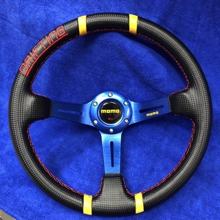 MOMO Steering wheel ( 13 inch ) ปักเเดง ( 13 นิ้ว ลึก 3 นิ้ว หนัง CABLA ) BLUE