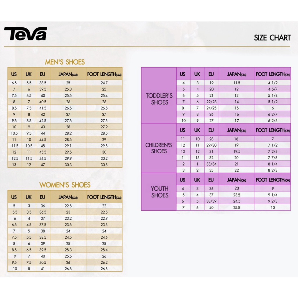 Teva womens cheap size chart