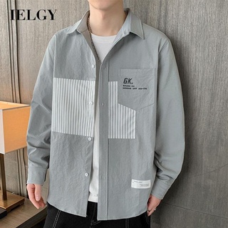 Ielgy เสื้อเชิ้ตแขนยาว เย็บปะติดปะต่อกัน สุดเท่ สําหรับผู้ชาย