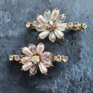 Clear White Soft Pink Flower Crystal Diamond Hair Clips กิ๊บ ติดผม ออกงาน ดอกไม้ คริสตัล เพชร สีขาว ชมพู อ่อน