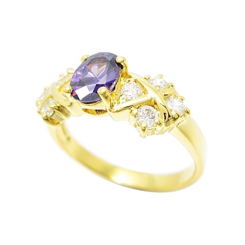 แหวนพลอยอเมทิส พลอยสีม่วง ประดับเพชร แหวนชุบทองไม่ลอก แหวนทองไม่ลอก ชุบทองแท้ ชุบทอง 24k