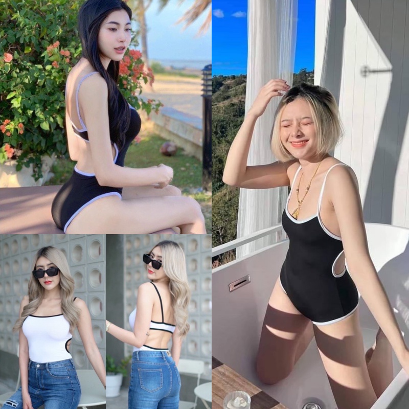 🌈SpinnyHouse🌈 บอดี้สูท บอดี้สูทสายเดี่ยว เว้าเอวสูง !!งานตามหา!! เว้าเอว เว้าหลัง แต่งกุ้นดำ รุ่น D1