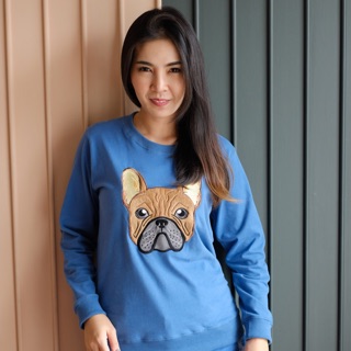 เสื้อแขนยาว Sweater งานปัก ลาย French Bulldog ผ้านิ่ม COTTON 100%