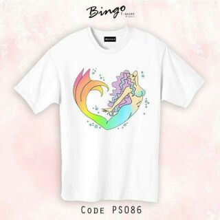 เสื้อยืดแขนสั้นลายนางเงือก ลายผู้หญิง โทนสีหวานๆ รหัส PS
