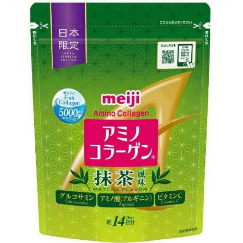 Meiji Amino Collagen 5000 mg Matcha Flavor เมจิ อะมิโน คอลลาเจน 5000 mg, รสชาเขียว สำหรับ 14 วัน