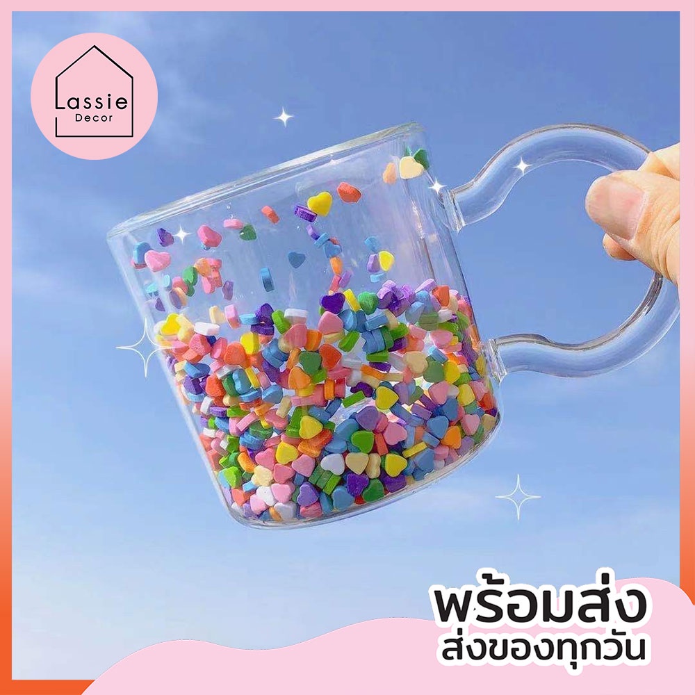 พร้อมส่ง แก้ว2ชั้น "หัวใจหลากสี หูจับกลม" แก้วน้ำ มีหูจับ มีบับเบิ้ลกริตเตอร์ หัวใจหลากสี สดใส ฟิลคุณหนู Lassie Decor