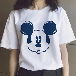 เสื้อยืดลําลองสําหรับสตรีแขนสั้นพิมพ์ลาย Mickey Mouse Minnie สไตล์ฮาราจุกุ