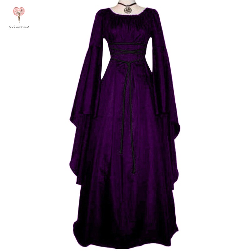 Women Vintage Style Medieval Maxi Dress Lace Up Gothic Masquerade Dress Mid Waist Crew Neck Halloween Long Sleeve #4