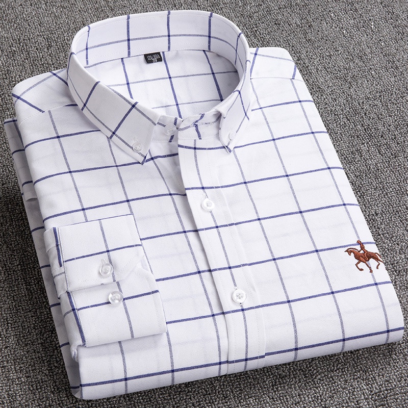 Casual ผ้าฝ้าย 100% Oxford ลายสก๊อต Man เสื้อแขนยาวเย็บปักถักร้อยแฟชั่นส Fit Plus ขนาดผู้ชายเสื้อ