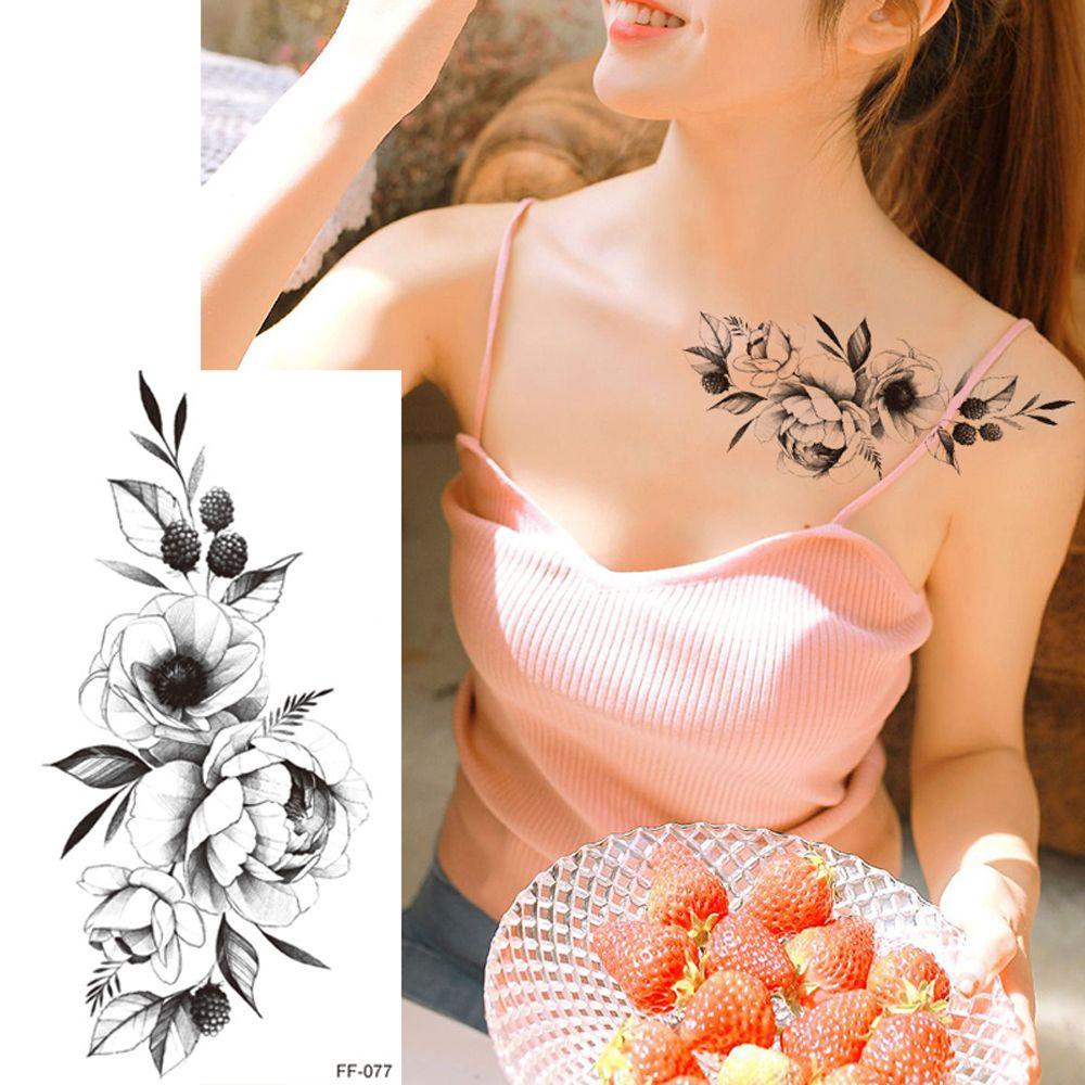 Shanrong แทททู รอยสักแทททู15วัน ลายสัก ลายสักติดทนนาน tattooกันน้ำ15วัน รอยสักชั่วคราว ลายดอกโบตั๋น ดอกกุหลาบ สีดํา กันน้ํา ขนาดใหญ่ แบบใช้แล้วทิ้ง DIY