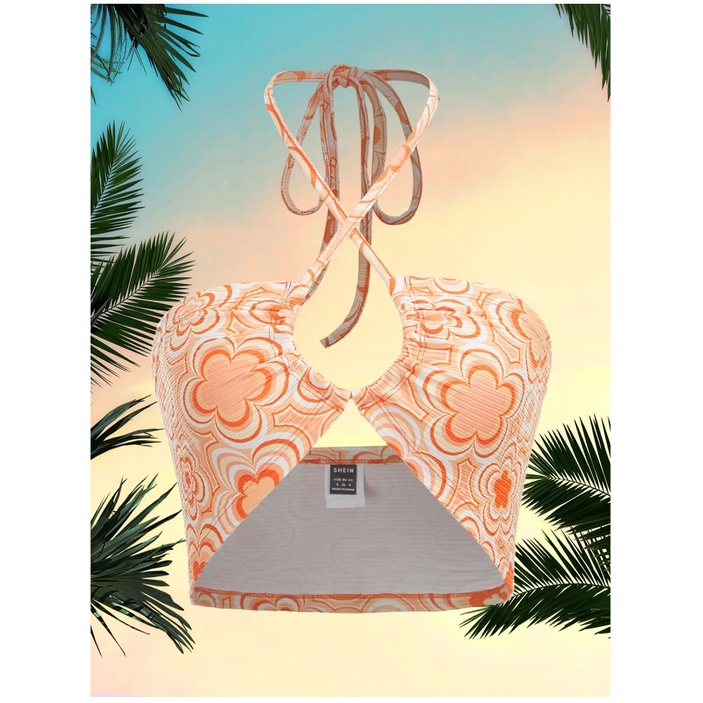 เสื้อท็อปคล้องคอ 90s ลายดอกไม้ทั้งตัว