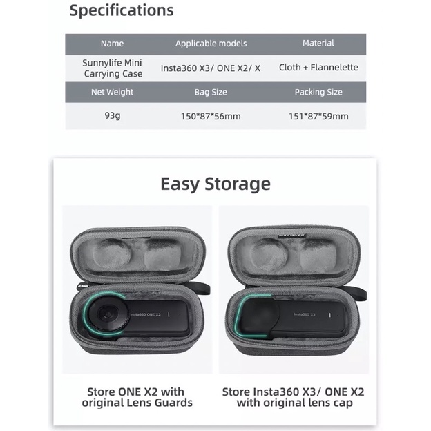 Sunnylife Mini Portable Carrying Case Clutch Bag Protective Storage Bag for Insta360 X3 / ONE X2 / X