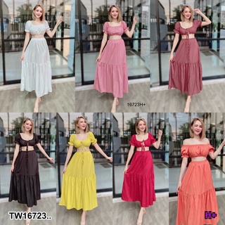 16723 Set 2 ชิ้น เสื้อแขนสั้น เปิดไหล่ + กระโปรงยาว Set of 2 pieces, short sleeve shirt, open shoulder + long skirt.