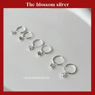 Hoop Star white | ต่างหูห่วงห้อยดาว สีขาว กว้าง12 มิล หนา 1.5 มิล (ต่อคู่) เงินแท้92.5% เหมาะสำหรับผู้ที่แพ้ง่าย