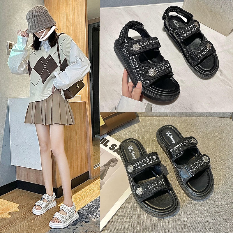 เปิดส้น รองเท้าแตะผู้หญิง ไม่ลื่น แบน รองเท้าแฟชั่นสตรี ลำลอง สไตล์เกาหลี Size35-40