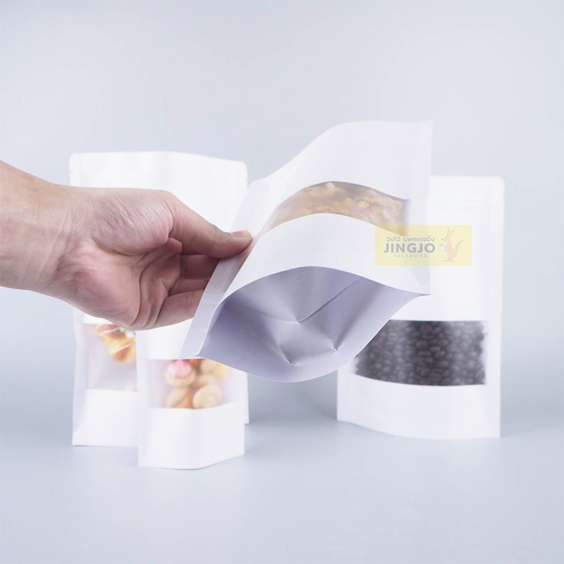 ถุงซิปล็อค ถุงคราฟท์ สีขาว หน้าต่างใส มีซิปล็อค ตั้งได้ บรรจุ 50 ใบ - Jingjo Packaging Ziplock Bags