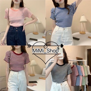 Mimi_shop（3488）🎀พร้อมส่ง🎀เสื้อยืดแฟชั่นผูหญิง ลายขวาง มีให้เลือกิ 4 สี