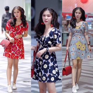 MF11807🍓 Dress เดรสคอเหลี่ยมแขนสั้น  กระดุมหน้า ผ้าไหมอิตาลี่ใส่สบาย พิมลายดอกไม้ มีซิปหลัง ข้างเอวเย็บสายผูกโบว์ด้าน