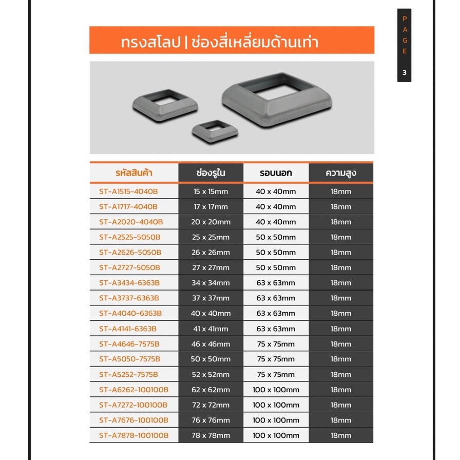 ฝาครอบฐานเสาสี่เหลี่ยม(ช่องสี่เหลี่ยมด้านเท่า) แบบสโลป มีไซส์ให้เลือกมากที่สุด