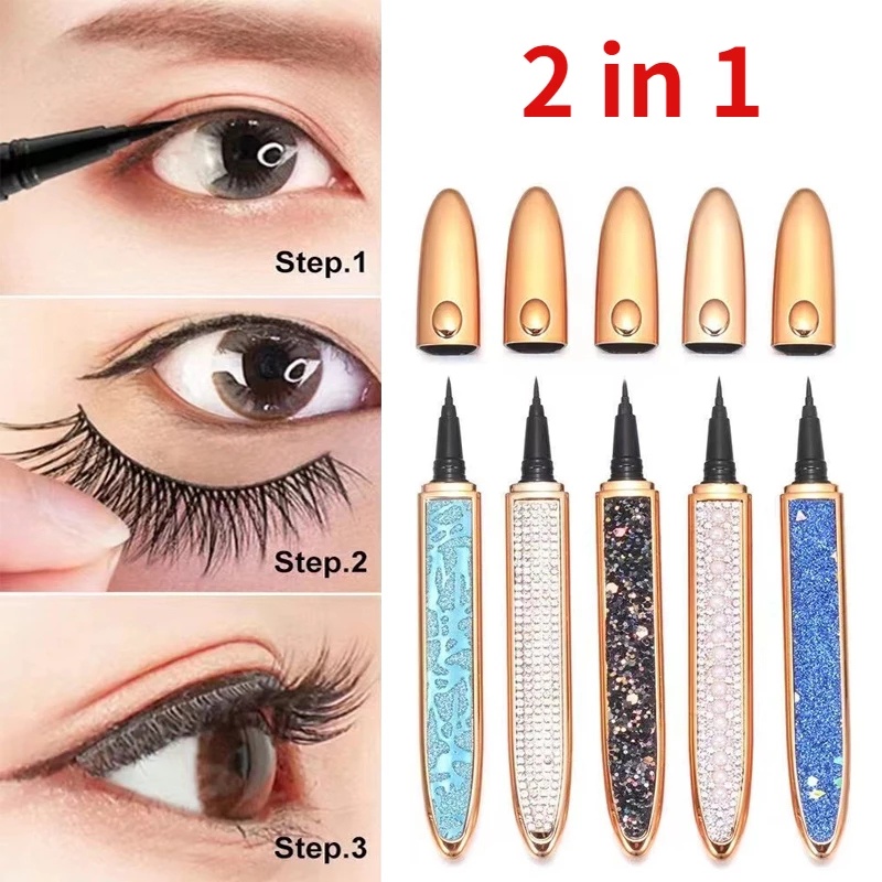 2 In 1 เมจิก เหนียว ขนตา อายไลเนอร์ ปากกา / ไม่มีกาว ไม่มีแม่เหล็ก กาวในตัว ขนตา ลิควิด อายไลเนอร์ ดินสอ / กันน้ํา ตา แต่งหน้า เครื่องมือ