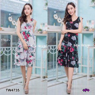 J4735 Dress เดรสผูกโบว์ช่วงไหล่ แต่งดีไซน์ขนมชั้น