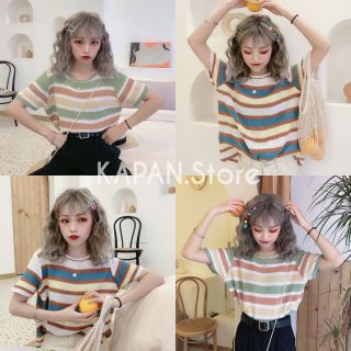 KAPAN 🌸พร้อมส่ง🌸 เสื้อแขนสั้น นิตติ้ง knitting ลายทาง ฟรีไซส์ มี2สี สีเขียว,สีน้ำเงิน น่ารักสุดๆ KP177