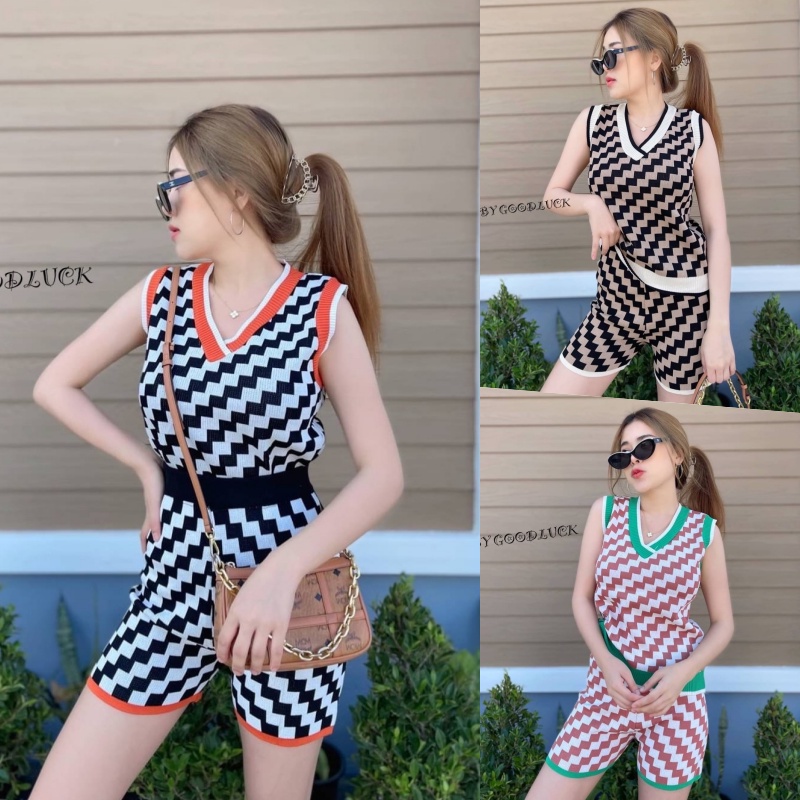 SpinnyHouse ชุดเซ็ต ไหมพรม งานเซตกางเกง เสื้อกล้าม+กก.ขาสั้น สินค้าตรงปก ฮิตตลอดกาล รุ่น ดอกรัก I102B