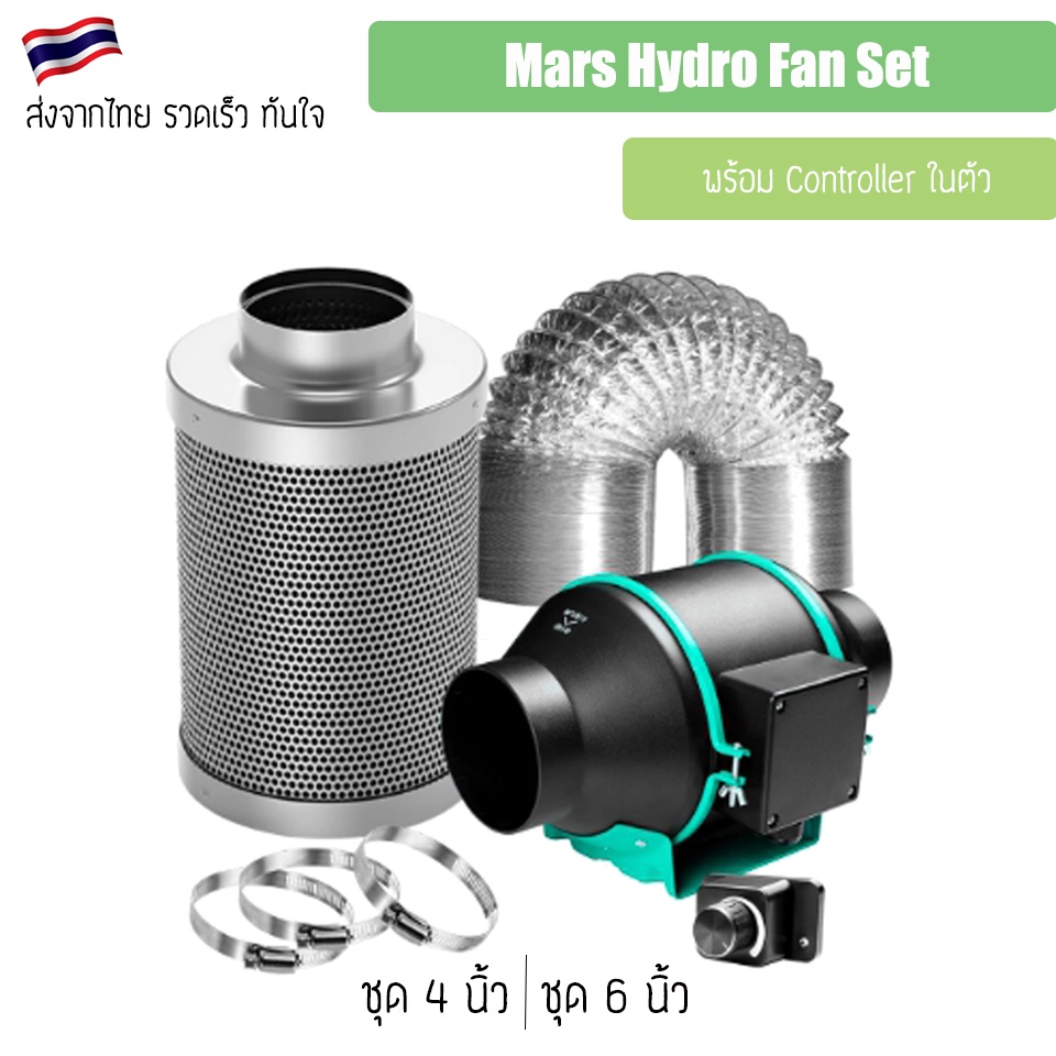 ชุดพัดลมระบายอากาศ Mars hydro with  Speed controller ขนาดเซ็ท 4,6 นิ้ว พัดลม+กรองคาร์บอน+ ท่อลม PVC 