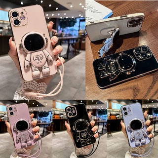 เคสโทรศัพท์มือถือ ลายนักบินอวกาศ พร้อมสายคล้อง และขาตั้ง หรูหรา สําหรับ iPhone 7 8 Plus 13 Pro Max XR SE 2020 2022