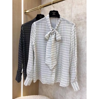 CELINE ALL OVER LOGO LETTER PRINT BOW LONG SLEEVE SHIRT เสื้อเชิ้ตแขนยาวแบรนด์ซีลีน ผูกโบว์ด้านหน้า สกรีนตัวหนังสือโลโก้