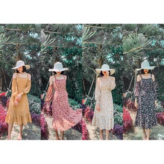 💐Hi-so floral dress💐(280)เดรสยาวสายเดี่ยว ปาดไหลแขนยาวผ้าชีฟองทรายพิมพ์ลาย