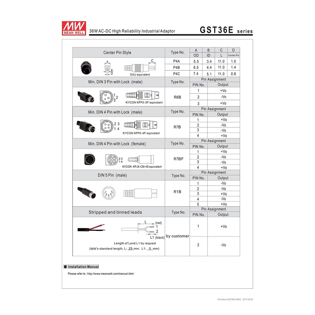 Meanwell GST36E24-P1J อะแดปเตอร์ติดผนังอุตสาหกรรม 24V 1.5A 36W ระดับ VI MEAN WELL Adaptor Switching 