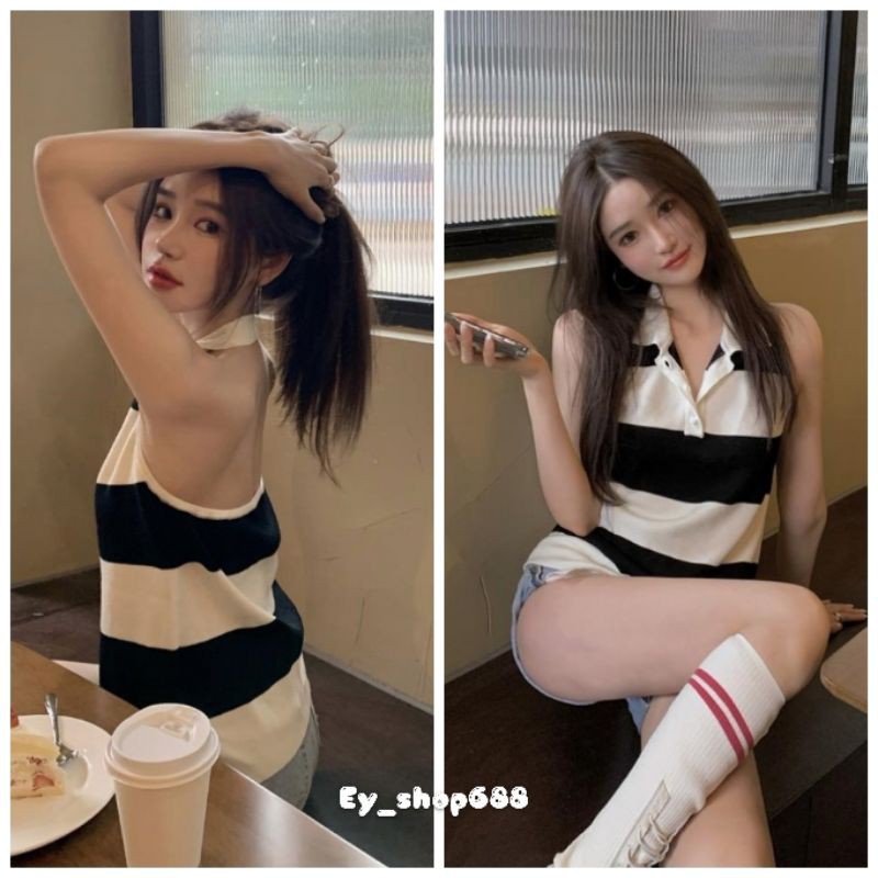 Ey_shop688​ พร้อม​ส่ง​ #390# เสื้อครอปไหมพรมแขนกุด​คอเต่า​ ผ้ายืดได้ใส่สบาย​ ข้างหน้ามีกระดุม 3 เม็ด