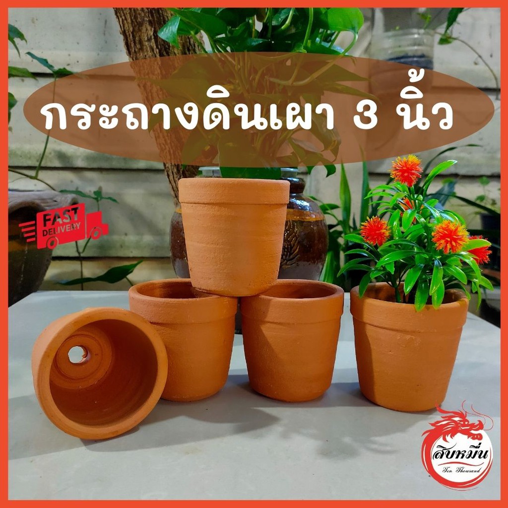 กระถางดินเผา ทรงกระบอก มีขอบ 3 นิ้ว กระถางต้นไม้ กระถางแคสตัส