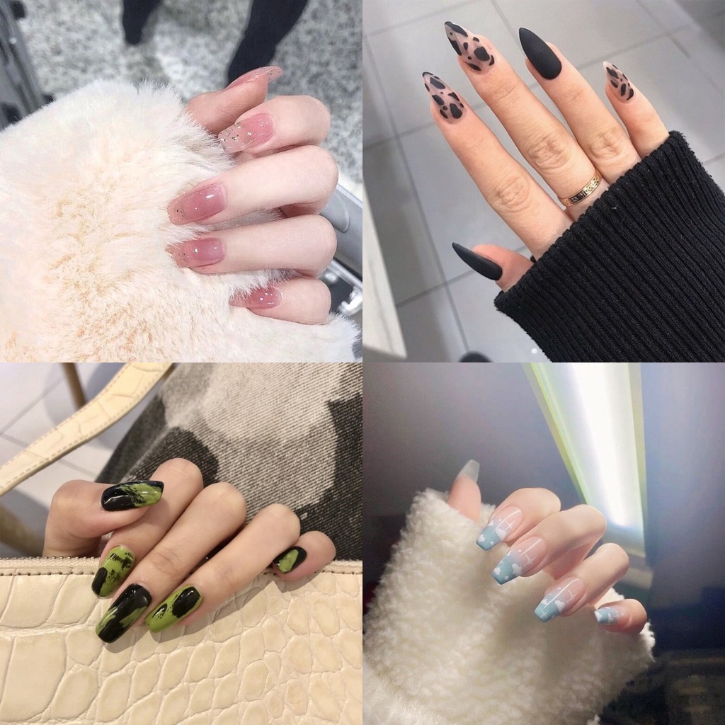 24Pcs Fresh Lovely Fashion Fake Nails Finished Nail Patch Short Fake Nails Wearable Nails Stickers W