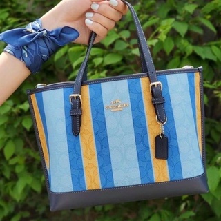 🎀 (สด-ผ่อน) กระเป๋า Tote 3 ช่อง สีฟ้า เหลือง COACH C4086 MOLLIE TOTE 25 IN SIGNATURE JACQUARD WITH STRIPES